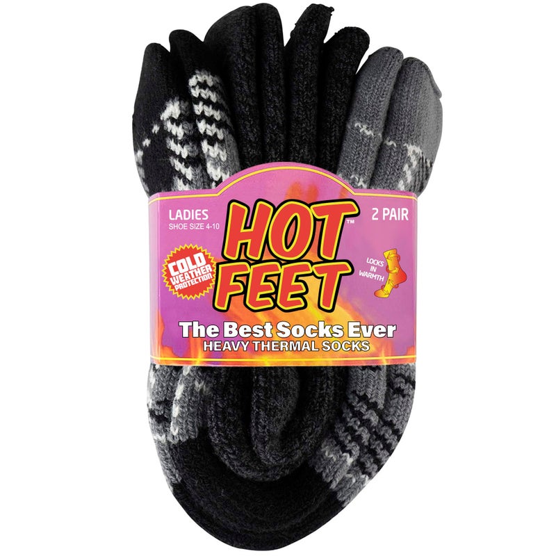 HOT FEET Thermal Socks For Women for Cold Weather â€“ Thick Warm Winter Hiking Heat Insulated Socks, Womenâ€™s sizes 4â€“10.5, 2 PACK, Heather Black/Plaid Gray - Image 1